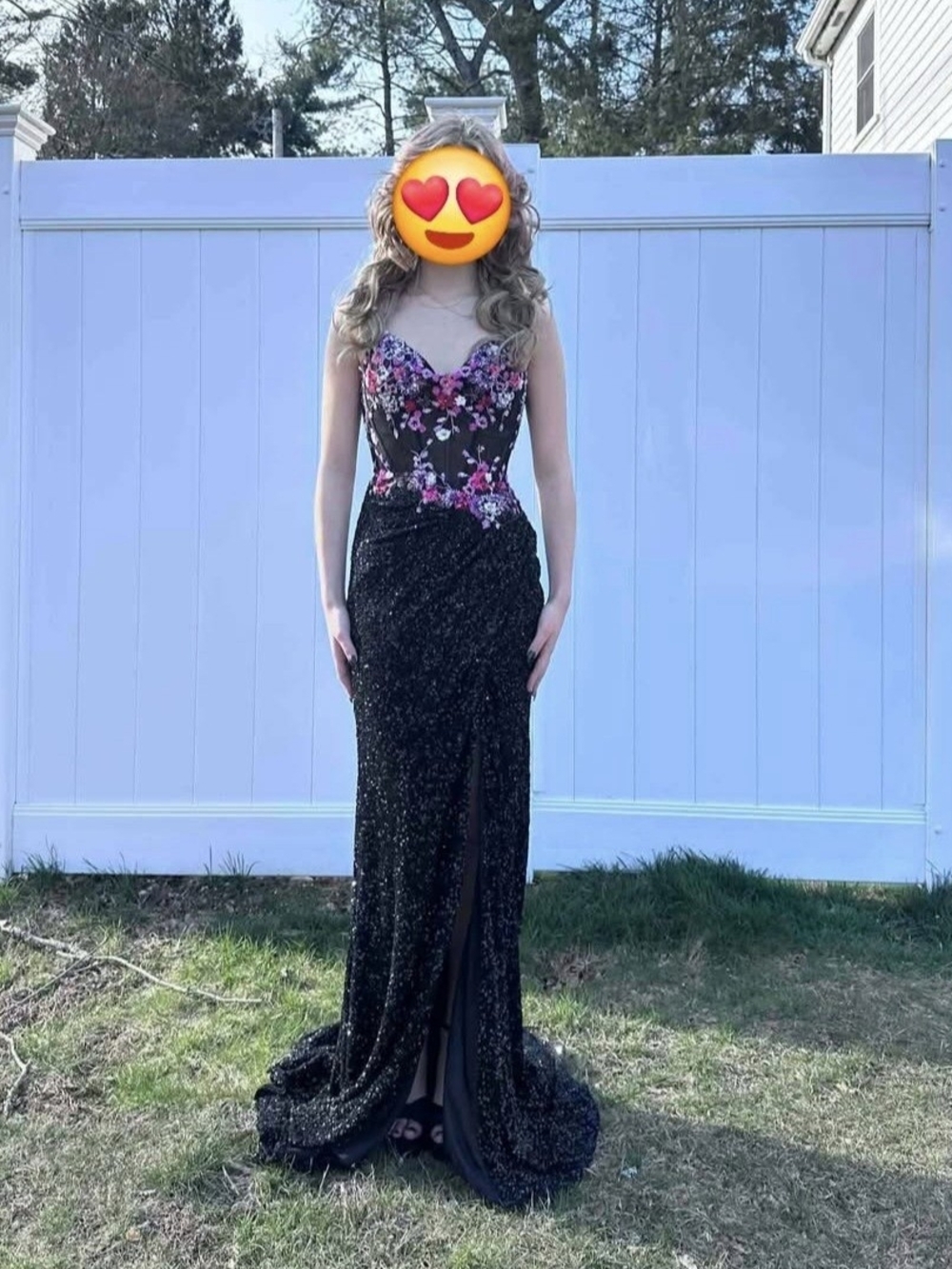 Black Sequin Evening Gown with Pink Floral Bodice